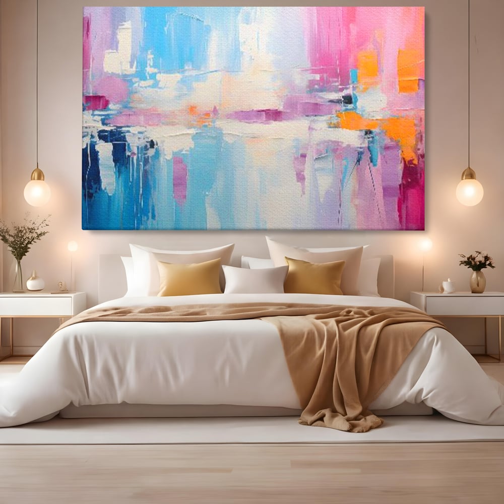 Tablou canvas cu pictura abstracta orizontala in nuante vibrante, fara rama, pe sasiu de lemn, pe perete intr-un dormitor